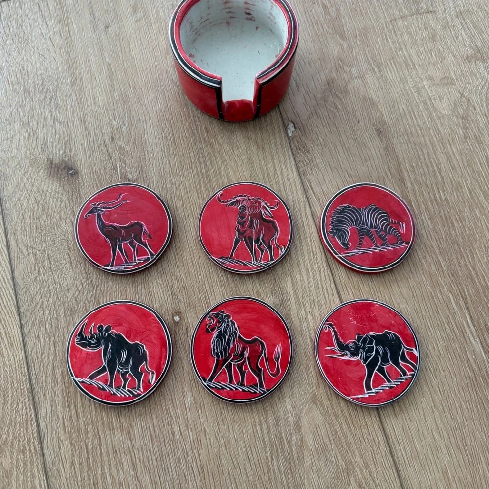 African Soapstone Coaster Set of 6 with Holder Red Black Etched Safari Animals